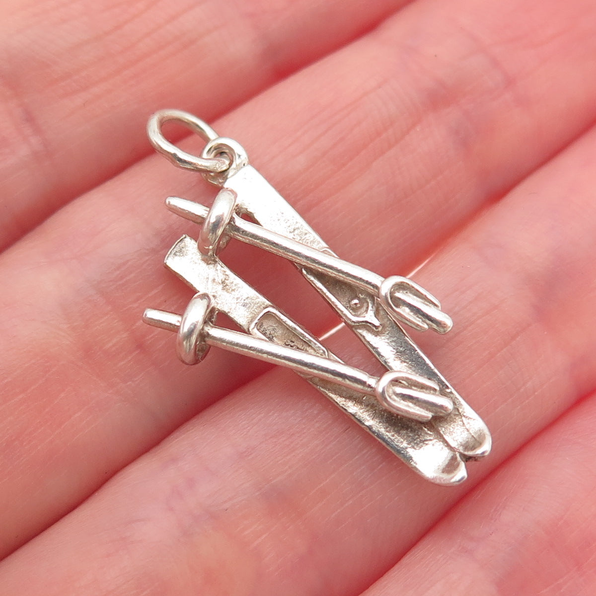 925 Sterling Silver Vintage Ski & Pole Oxidized Charm Pendant