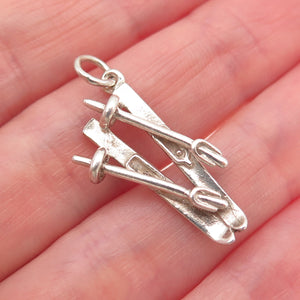 925 Sterling Silver Vintage Ski & Pole Oxidized Charm Pendant