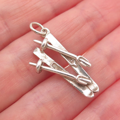 925 Sterling Silver Vintage Ski & Pole Oxidized Charm Pendant