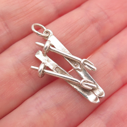 925 Sterling Silver Vintage Ski & Pole Oxidized Charm Pendant