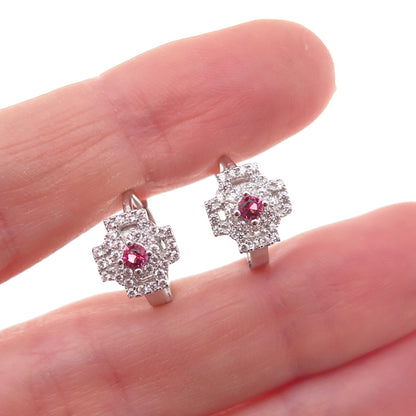 925 Sterling Silver Pink & White C Z Cross Hoop Earrings