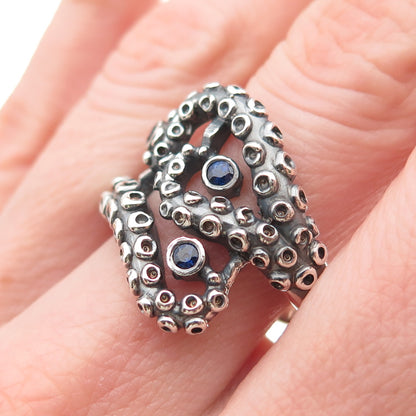 925 Sterling Silver Vintage Real Sapphire Octopus Oxidized Ring Size 8.25