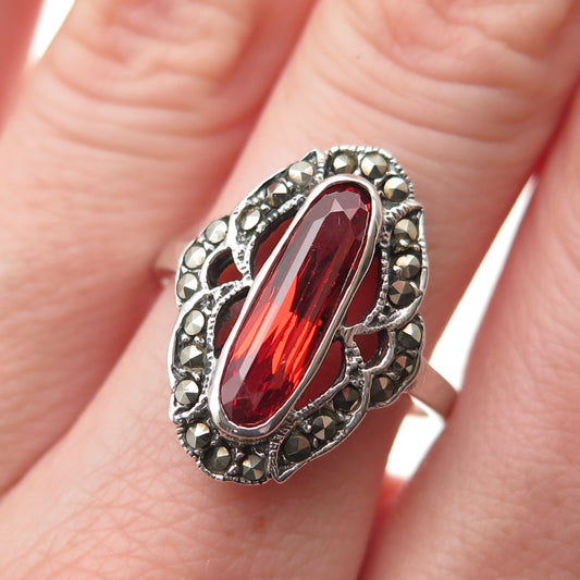 925 Sterling Silver Vintage Real Marcasite & Red C Z Oxidized Ring Size 8