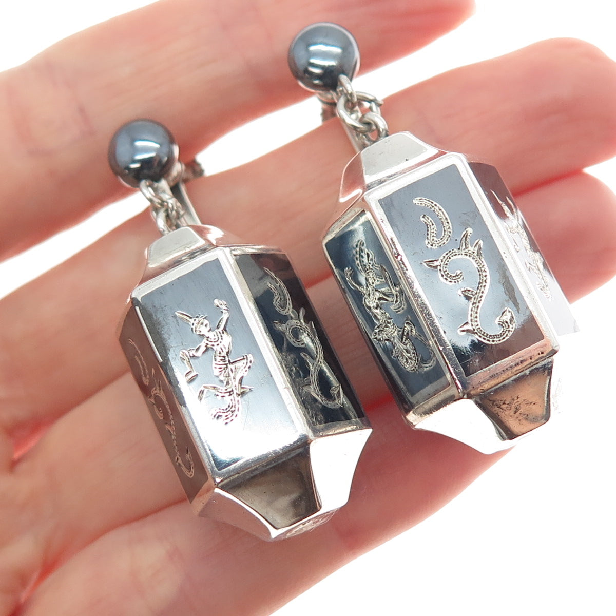 925 Sterling Silver Antique Siam Niello Hindu Goddess Screw Back Dangle Earrings