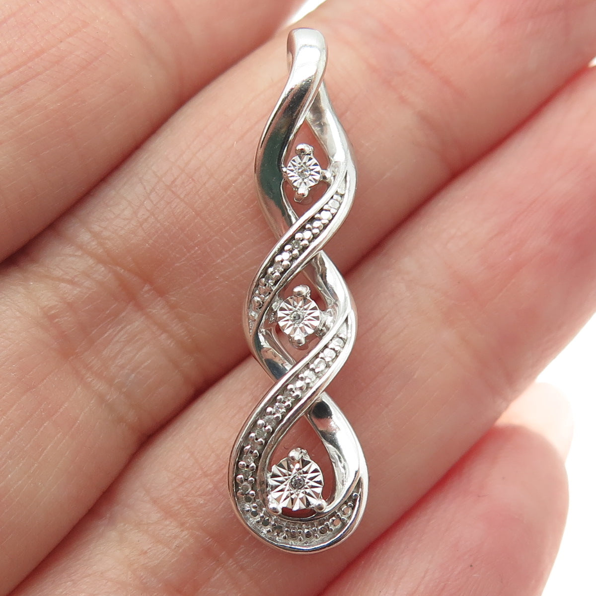 925 Sterling Silver Real Round-Cut Diamond Twisted Infinity Pendant