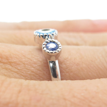 925 Sterling Silver Real Sapphire Gem & Colorful Enamel Evil Eye Ring Size 7.25