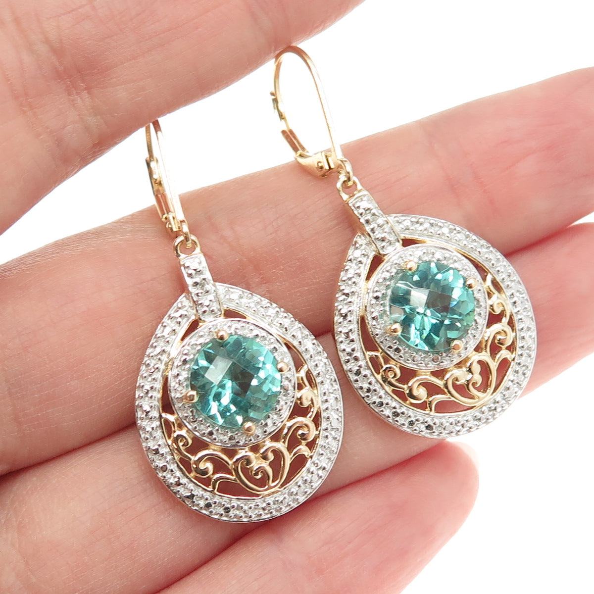 ROSS SIMONS 925 Sterling Silver Gold Plated Real Diamond Accent Apatite Earrings