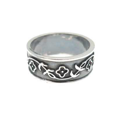 925 Sterling Silver Vintage Mexico Flower Oxidized Band Ring Size 11.25