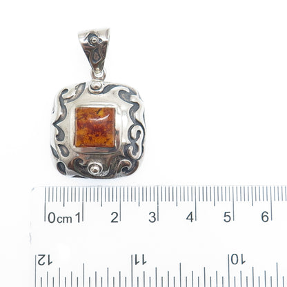SILPADA 925 Sterling Silver Vintage Real Amber Ornate Oxidized Pendant