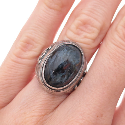 925 Sterling Silver Antique Art Deco Real Black Tiger Eye Oxidized Ring Size 6