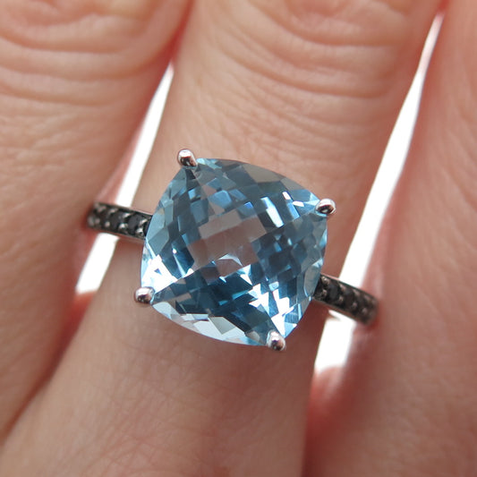 925 Sterling Silver Real Cushion-Cut Blue Topaz & Black Spinel Ring Size 7.25