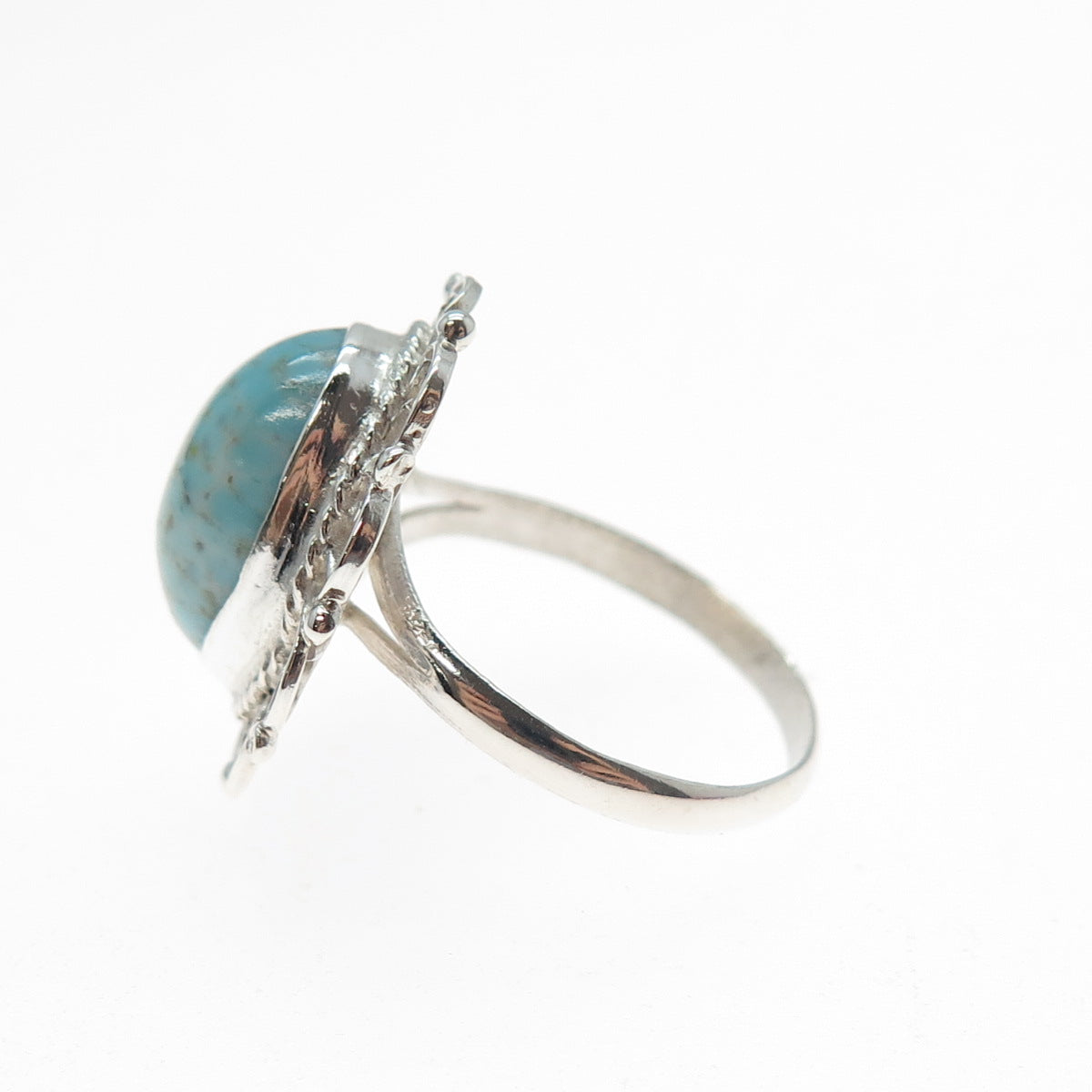 925 Sterling Silver Vintage Mexico Faux Turquoise Filigree Flower Ring Size 7.5