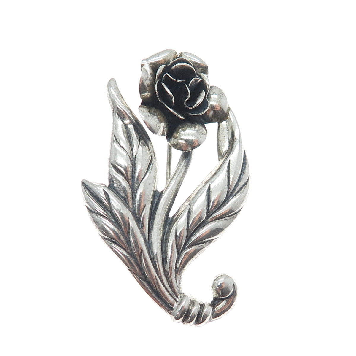 DANECRAFT 925 Sterling Silver Vintage Rose Flower Oxidized Pin Brooch