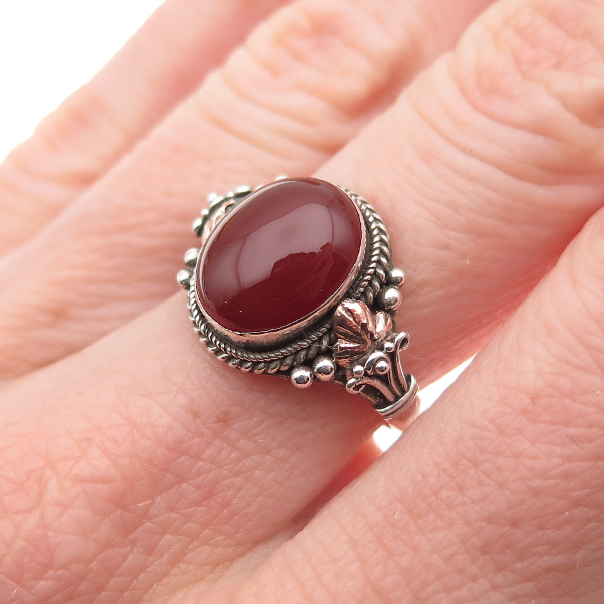 925 Sterling Silver 2-Tone Vintage Real Carnelian Oxidized Ring Size 6