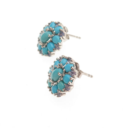 Chuck Clemency 925 Sterling Silver Real Turquoise & Tanzanite Floral Earrings