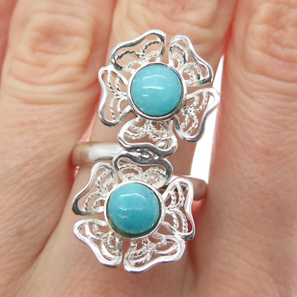 RIDER 950 Silver Vintage Real Turquoise Flower Blossom Bypass Ring Size 7