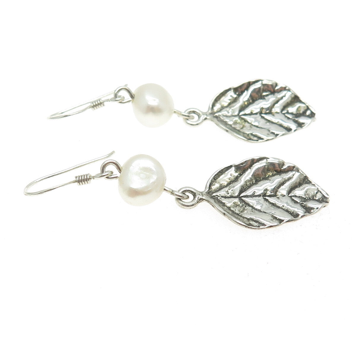 BILI 925 Sterling Silver Vintage Real Pearl Floral Leaf Oxidized Earrings