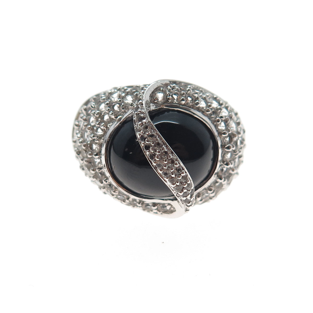 925 Sterling Silver Vintage Real Black Onyx & White Topaz Modernist Ring Size 7