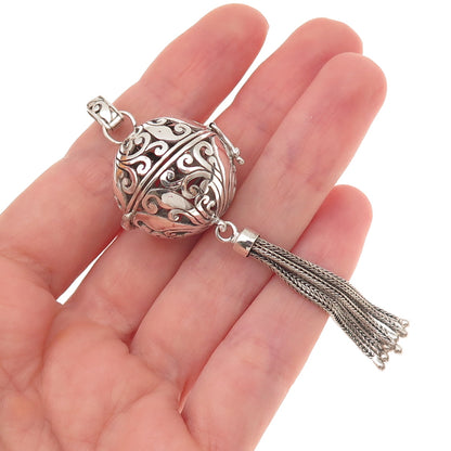 Annika Witt 925 Sterling Silver Vintage Floral Scroll Ball Cage Tassel Pendant