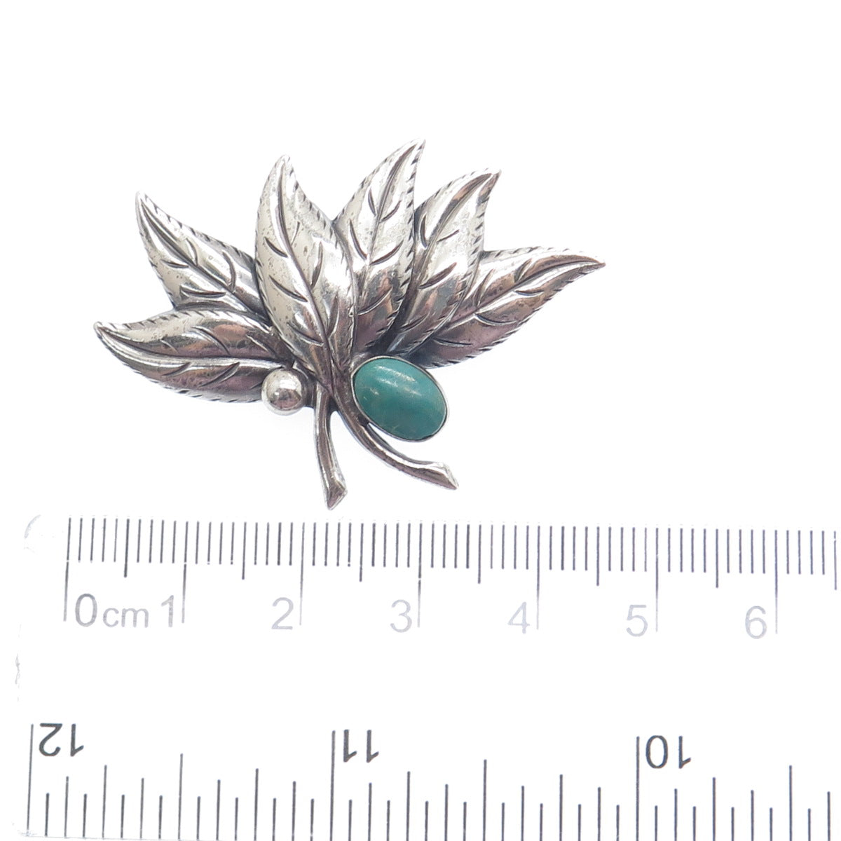 925 Sterling Silver Vintage Real Kingman Turquoise Floral Leaf Oxidized Brooch