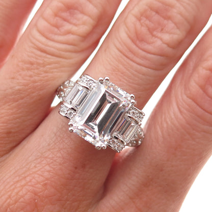 925 Sterling Silver Round & Emerald-Cut C Z Engagement Ring Size 8