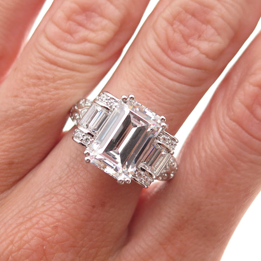 925 Sterling Silver Round & Emerald-Cut C Z Engagement Ring Size 8