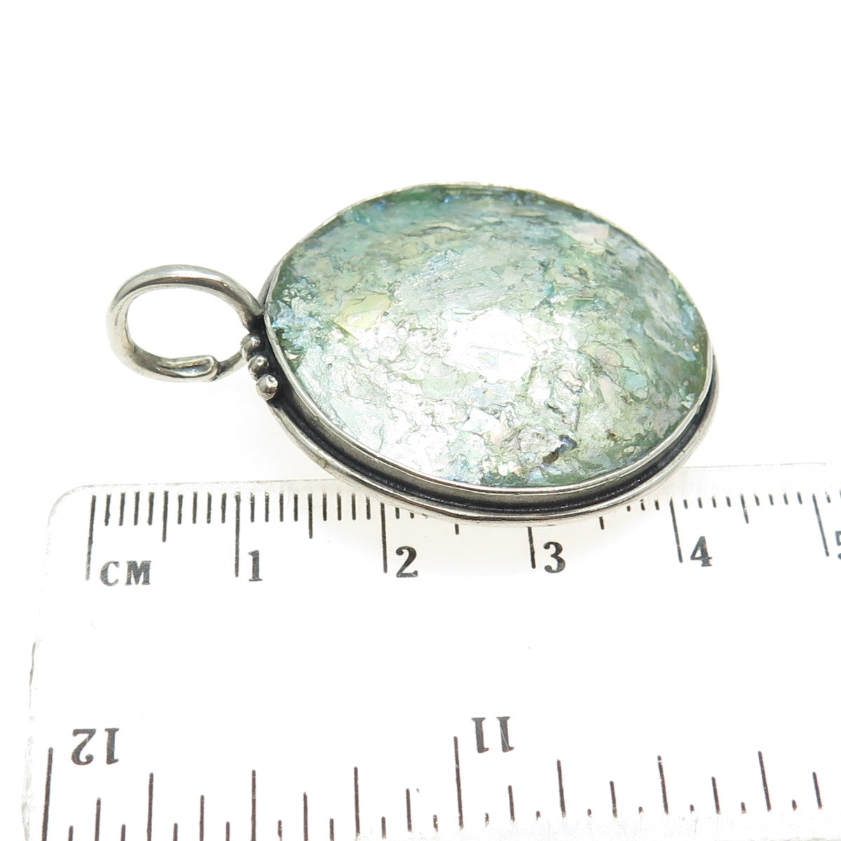 925 Sterling Silver Vintage Roman Glass Modernist Round Pendant