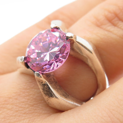 925 Sterling Silver Vintage Mexico Round-Cut Pink C Z Modernist Ring Size 7.5