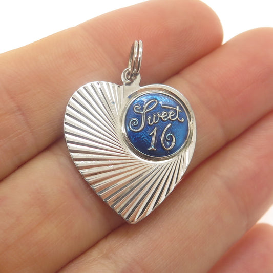 925 Sterling Silver Vintage Enamel Sweet 16 Heart Charm Pendant