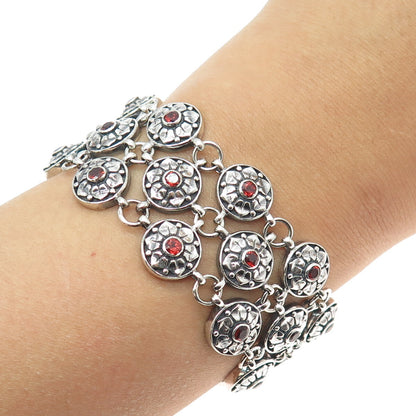 925 Sterling Silver Vintage Real Red Garnet Floral Disc Cluster Link Bracelet 7"