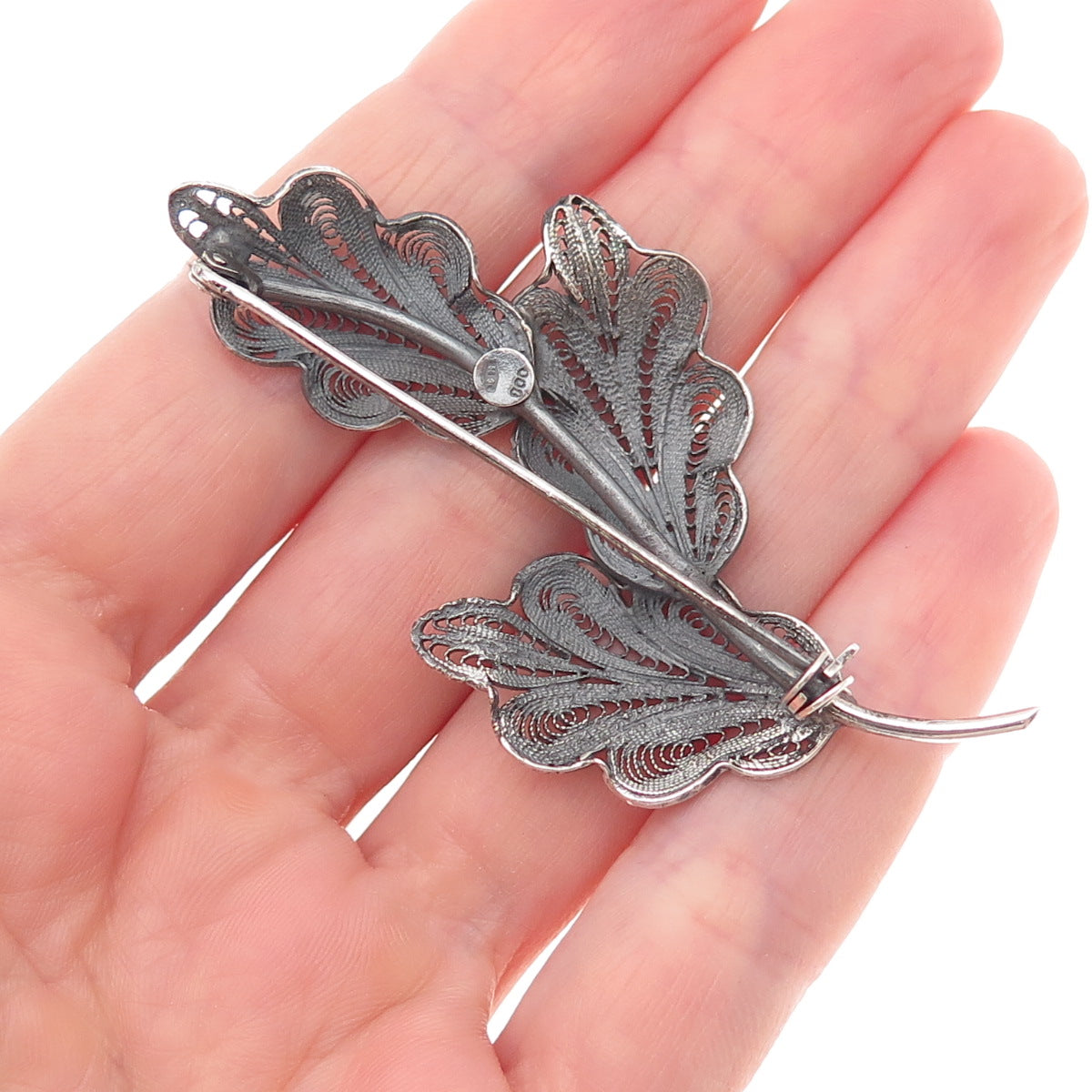 800 Silver Vintage Italy Floral Filigree Oxidized Pin Brooch