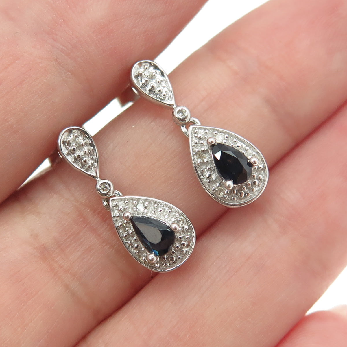 925 Sterling Silver Real Round-Cut Diamond & Pear-Cut Sapphire Dangling Earrings