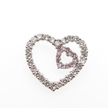 925 Sterling Silver Round-Cut White & Pink C Z Heart Mini Slide Charm Pendant