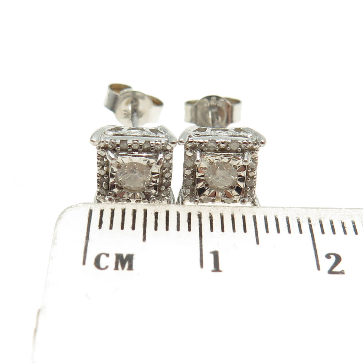 925 Sterling Silver Real White Diamond Square Stud Earrings