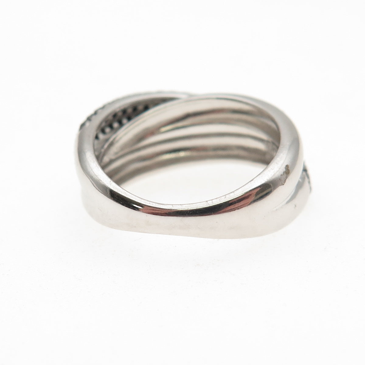 925 Sterling Silver Real Round-Cut Black Spinel Crisscross Ring Size 6.25