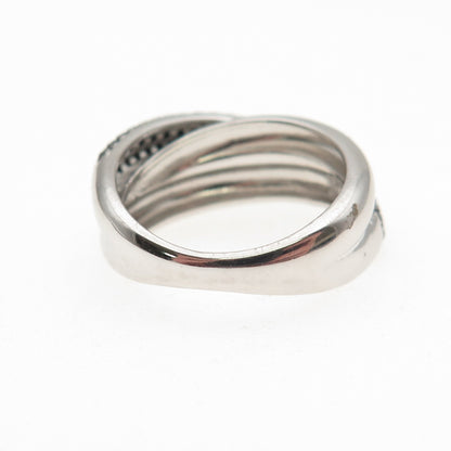 925 Sterling Silver Real Round-Cut Black Spinel Crisscross Ring Size 6.25