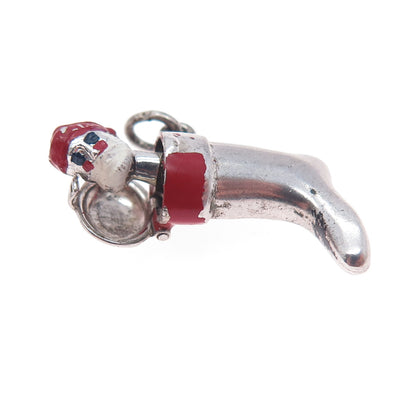 J.M. Fisher 925 Sterling Silver Antique Art Deco Enamel Santa Stocking Pendant
