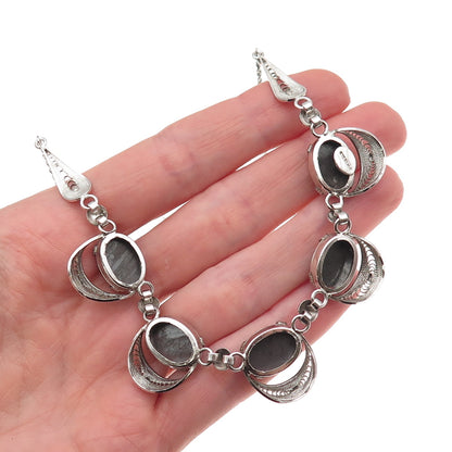 925 Sterling Silver Antique Art Deco Real Hematite Filigree Chain Necklace 16"