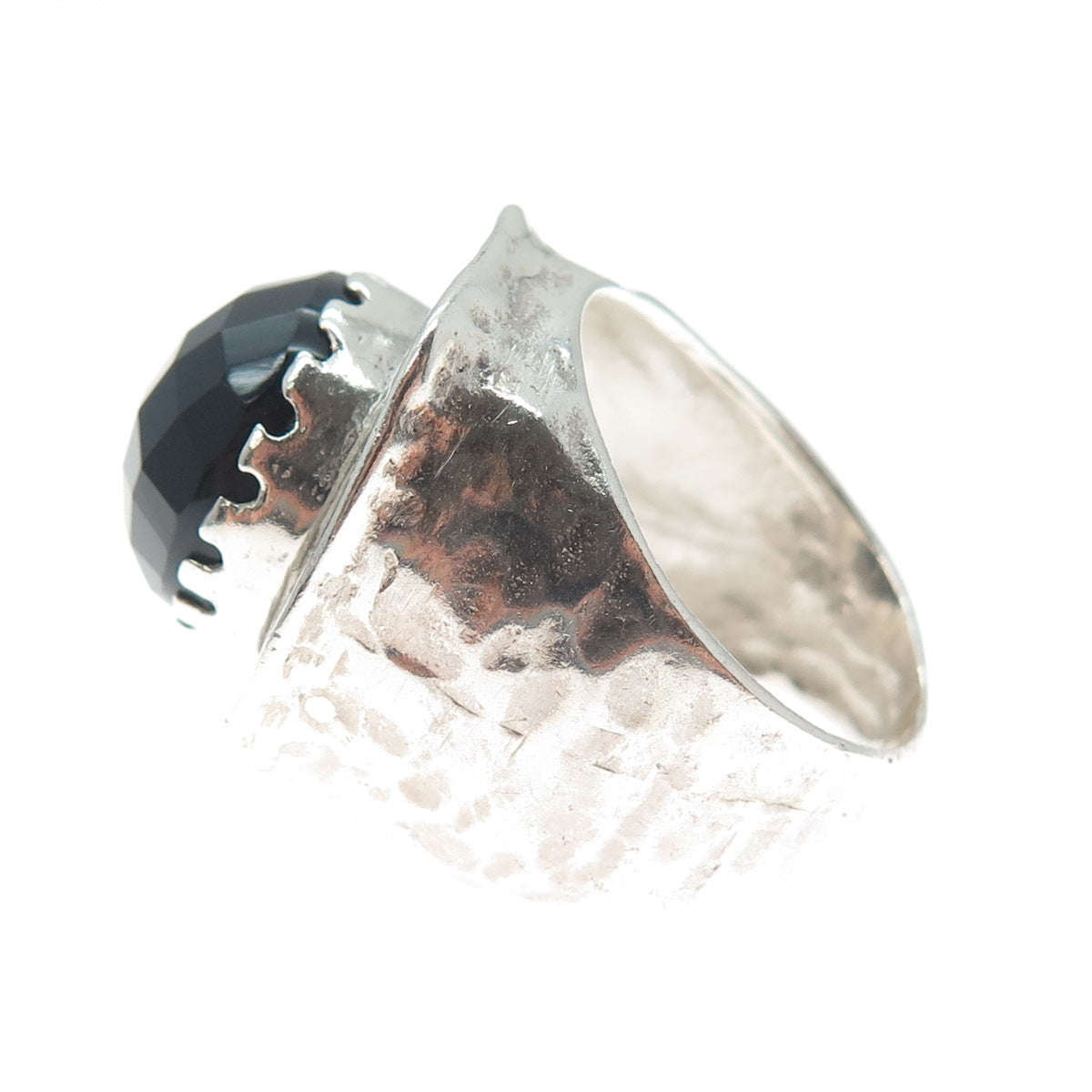 925 Sterling Silver Vintage Real Black Onyx Modernist Hammered Ring Size 8.25