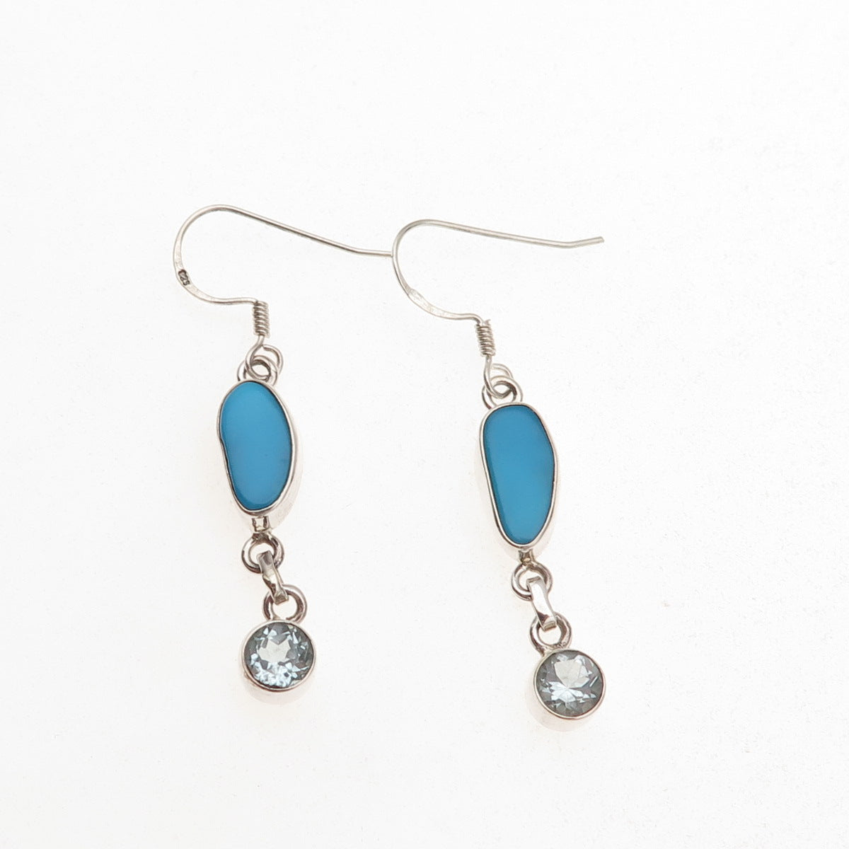925 Sterling Silver Vintage Real Turquoise & Blue Topaz Dangle Earrings