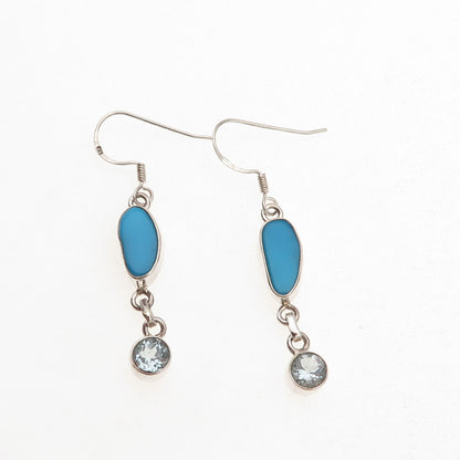925 Sterling Silver Vintage Real Turquoise & Blue Topaz Dangle Earrings