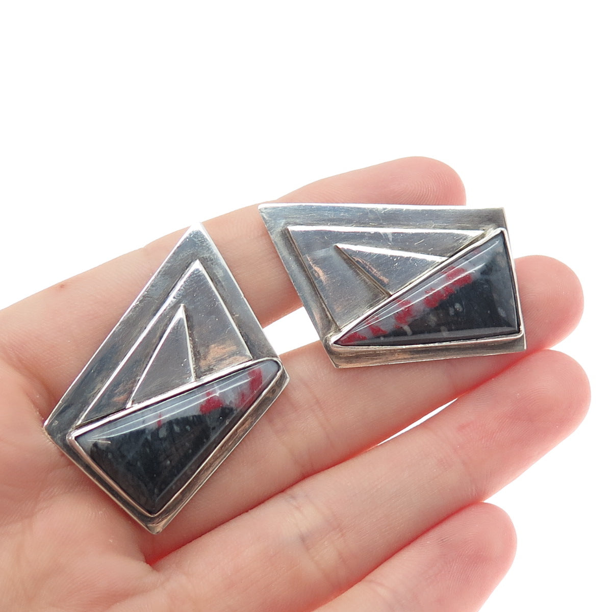 925 Sterling Silver Vintage Real Bloodstone Modernist Oxidized Cufflinks