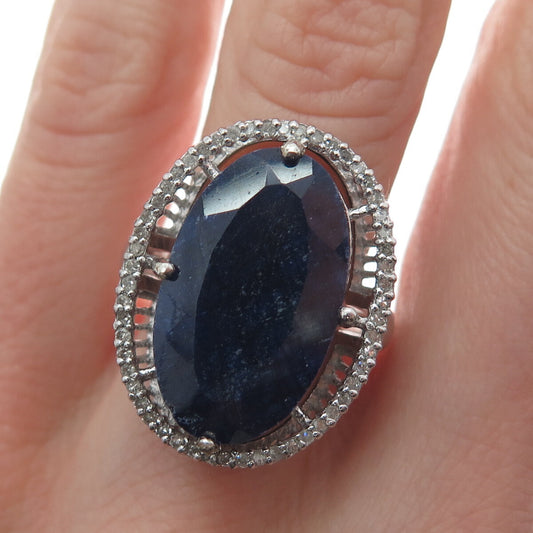 925 Sterling Silver Real Round-Cut Diamond & Oval-Cut Sapphire Ring Size 6.75