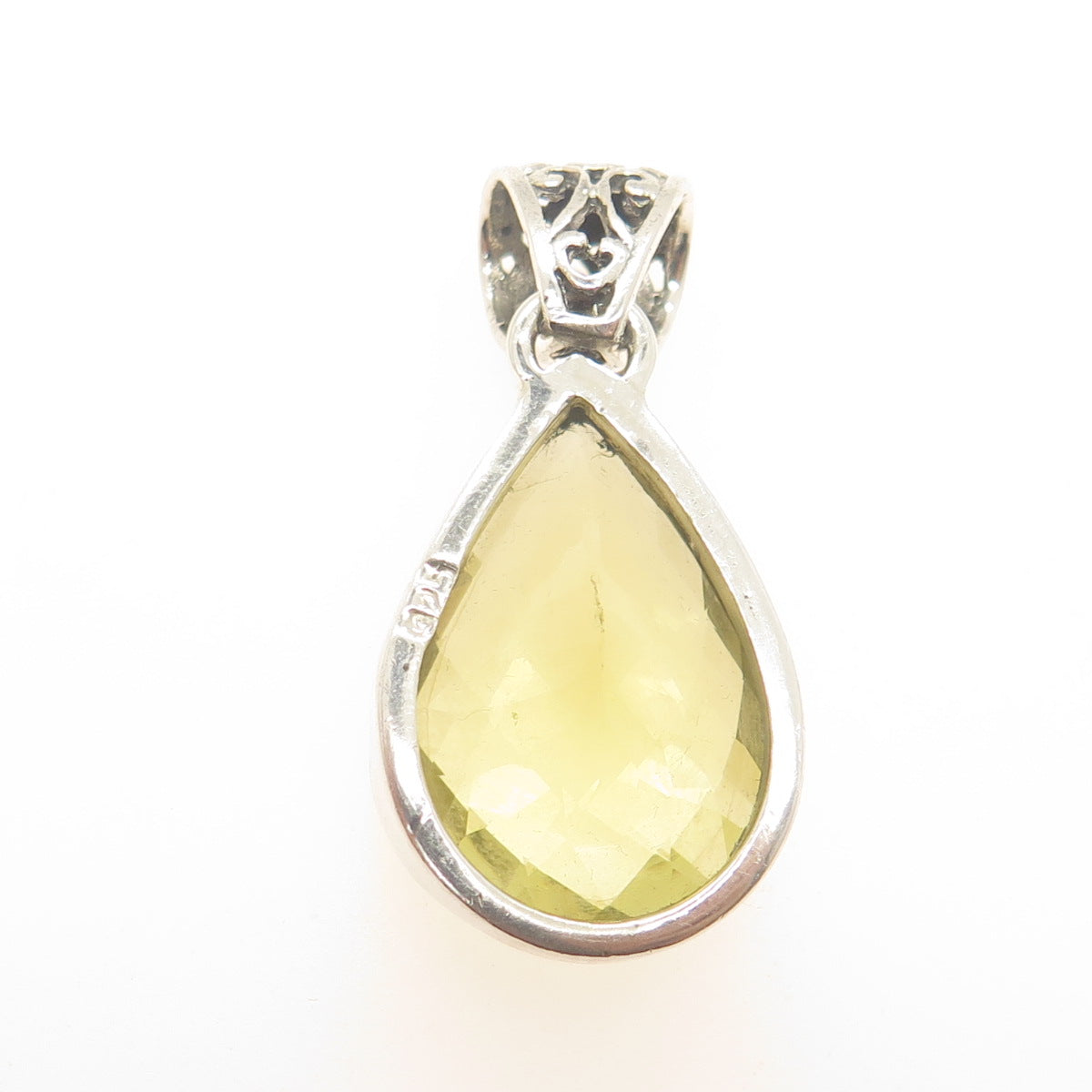 925 Sterling Silver Vintage Real Pear-Cut Lime Citrine Ornate Teardrop Pendant