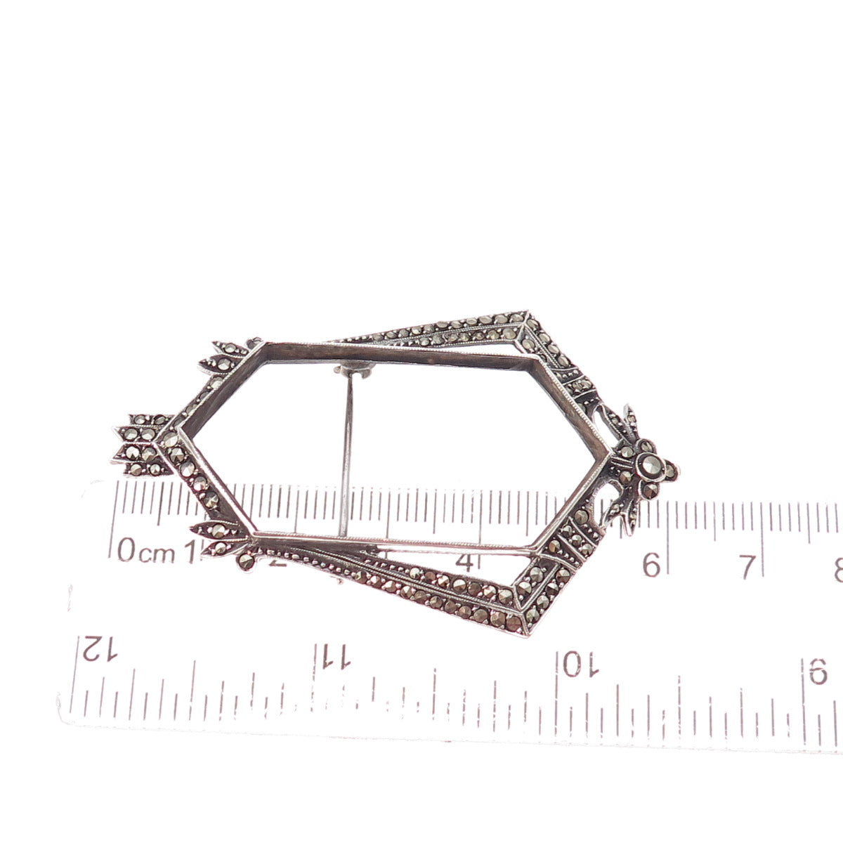 925 Sterling Antique Art Deco Germany Real Marcasite Frame Oxidized Pin Brooch