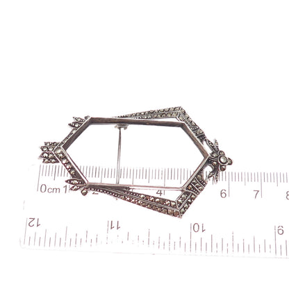 925 Sterling Antique Art Deco Germany Real Marcasite Frame Oxidized Pin Brooch