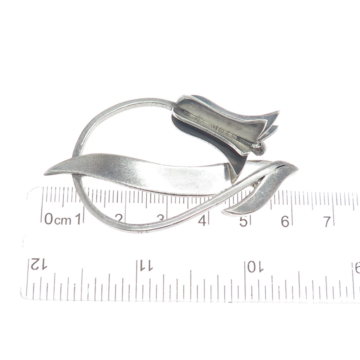 925 Sterling Silver Vintage Mexico Tulip Flower Modernist Oxidized Pin Brooch