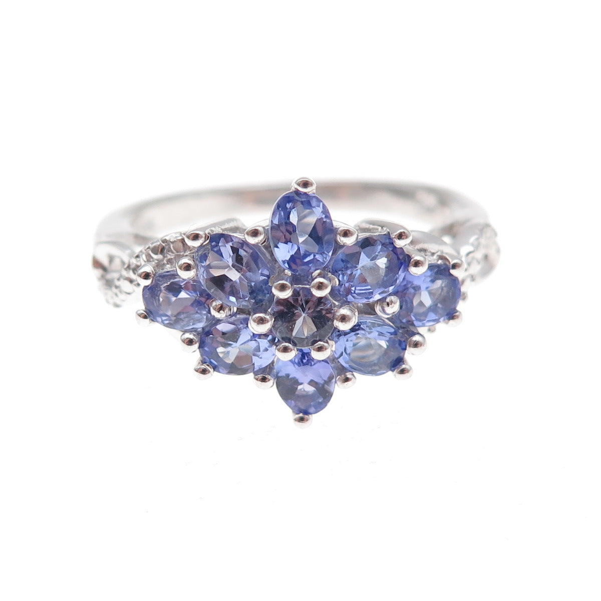 Chuck Clemency 925 Sterling Silver Real Multi-Cut Tanzanite Floral Ring Size 8