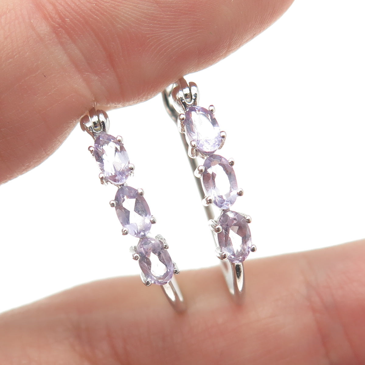 925 Sterling Silver Real Amethyst Gemstone Hinged Earrings