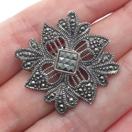 925 Sterling Silver Vintage Real Marcasite Gemstone Floral Oxidized Pin Brooch